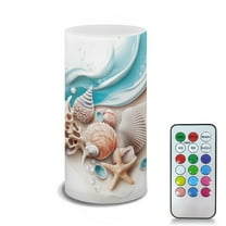 COEQINE Seashell Conch Starfish Flickering Flameless LED Battery Candles Pillar Candles Tealight with 18-Key Timer Remote with Colorful Light Safe for Indoor Outdoor Home Wedding Decor