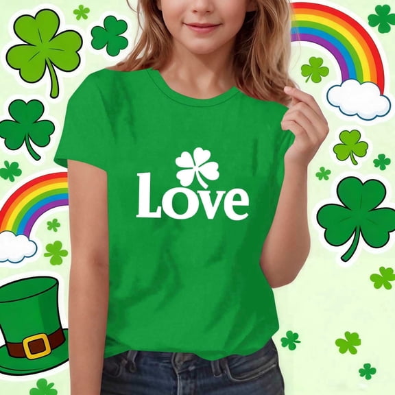 St Patricks Day Shirt for Girls Kids Four Leaf Clover Good Fortune Love Graphic Tee Green Holiday Top Comfort Stretch Fit,Size 12-13T