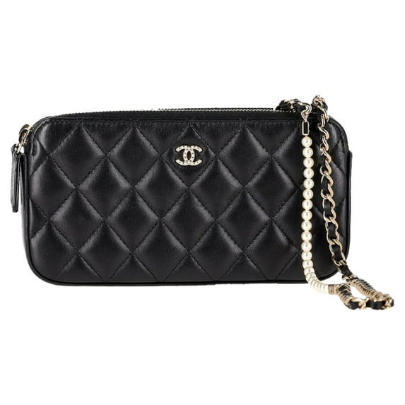 Pre-Owned Chanel Double Zip Wallet on Chain in Black Quilted Leather