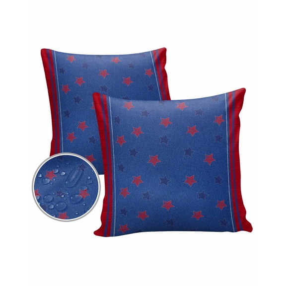 Pack of 2 Outdoor Pillow Covers, Independence Day Stars Red and Blue Wooden Board Waterproof Square Throw Pillowcase Cushion Decorative Pillow Covers for Couch Patio Tent, 16x16 in