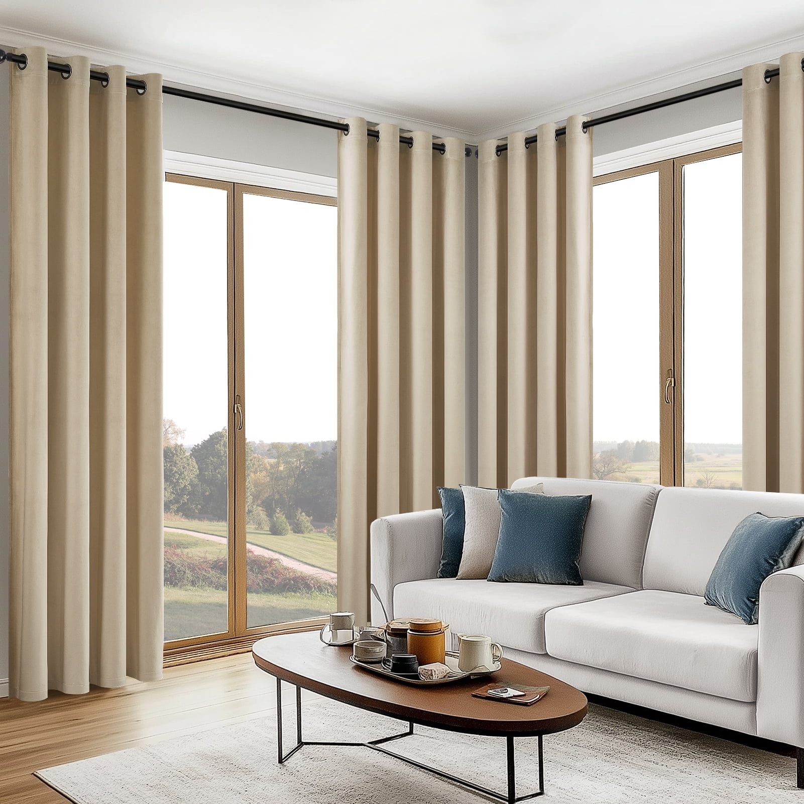 Topfinel Beige Velvet Blackout Grommet Curtains 52" x 108", 2 Panels