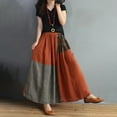 thumbnail image 3 of Hvot&aat Women Vintage Cotton Linen Color Block Plaid Skirt Elastic Waist Patchwork A-Line Long Skirt, 3 of 7