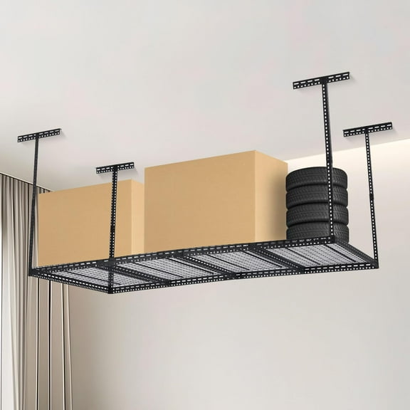 Overhead Garage Storage Rack, 22"-40" Height Adjustable Ceiling Storage Rack 660lbs Weight Capacity, Heavy Duty Metal Hanging Storage Shelves for Garage (Black)