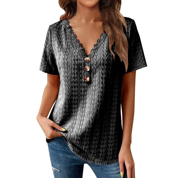 Gibobby Camiseta con cuello en V para mujer Camiseta manga corta con cuello en V para mujer, informal, holgada, con botones encaje, patrón trenzado(Negro,M)