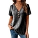 thumbnail image 1 of Gibobby Camiseta con cuello en V para mujer Camiseta manga corta con cuello en V para mujer, informal, holgada, con botones encaje, patrón trenzado(Negro,M), 1 of 5
