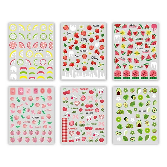 6Sheet Summer Fruit Nail Stickers Decals For Kids Self-Adhesive Nail Art Stickers For Gel Polish DIY Nail Art Decorat