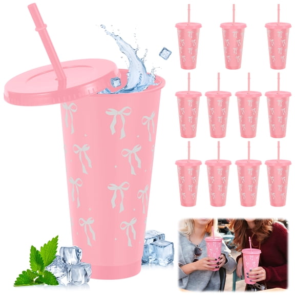 Fkszll 12 Pcs Pink Bow Plastic Cups with Lids and Straws 24 oz Reusable Bow Tumbler Cute Drinking Coffee Cup for Birthday Wedding Party Supplies,Pink