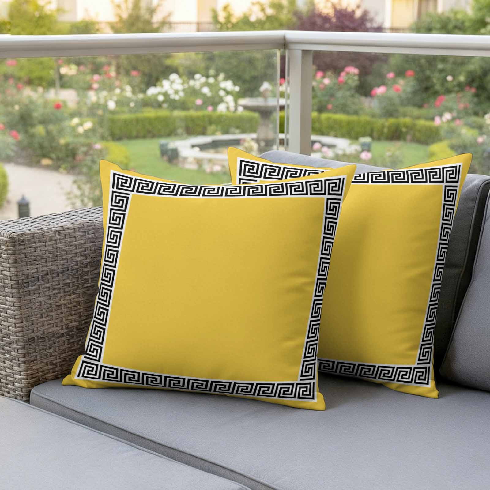 Outdoor Pillow Covers Greek Ethnic Key Texture Waterproof Pillow Cases 18x18 Set of 2, Twist Stripe Line on Yellow Throw Pillow Cover Pillowcase for Patio Balcony Couch Garden