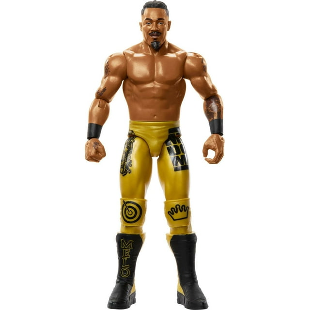 WWE Ridge Holland Action Figure, 6-inch collectible wrestling figure with articulated muscular torso, detailed tattoos on arms, wearing yellow tights with black crown, target, and 'MELO' text designs on black and yellow boots, ideal for play or display.