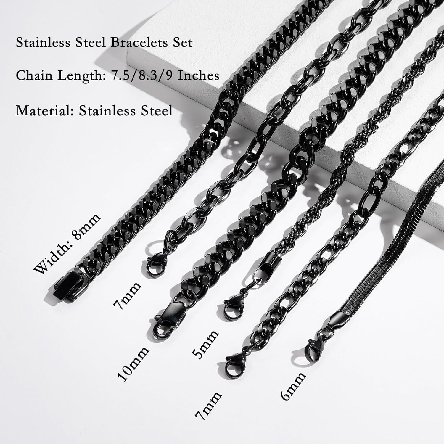 6PCS Stainless Steel Chain Bracelets Set – Chunky Cuban, Rope, Figaro, Unisex Stackable Jewelry
