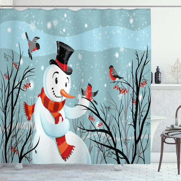 Ambesonne Christmas Shower Curtain, Snowy Winter Tree, 69"Wx75"L, Almond Green Orange