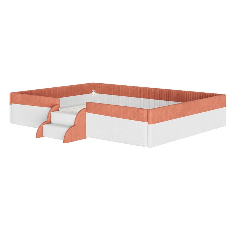 Full Size Upholstered Floor Bed with Fence, 2-Tier Steps and Smart LED Lights, Corduroy Platform Bed with Safety Guardrails, Kids Montessori Bed for Boys Girls