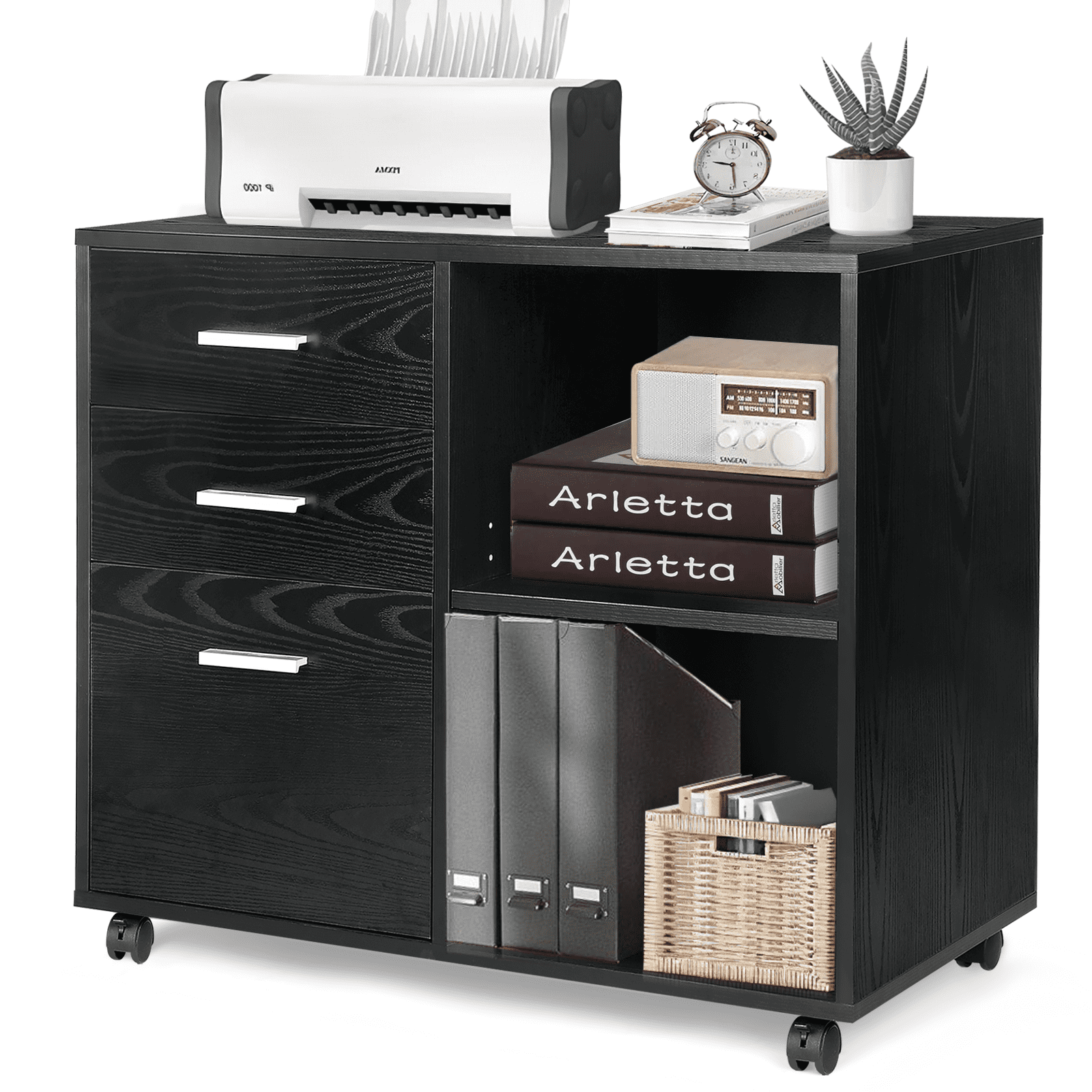 Printer Stand with Open Storage Shelves for Home Office Mobile Lateral Filing Cabinet TUSY 3-Drawer File Cabinet with Lock Black 