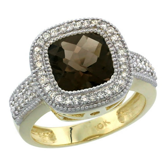 10K Yellow Gold Natural Smoky Topaz Ring Cushion-cut 9x9mm Diamond Accent, size 8.5