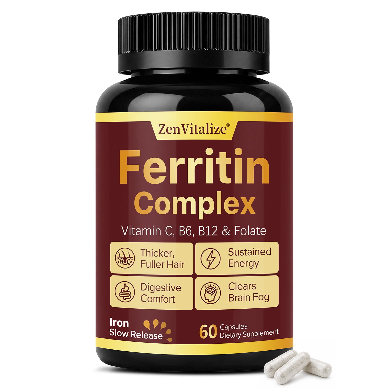 ZenVitalize Iron Ferritin Complex Capsules, Iron with Vitamin C, B‑Complex, Folate, Zinc and Lactoferrin, Daily Iron Wellness Supplement, 60 Capsules