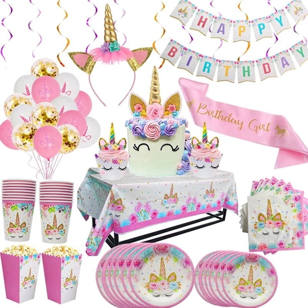 Platos, servilletas, vasos y globos de unicornio para fiestas de cumpleaños infantiles, decoración para baby shower de niñas, suministros para cumpleaños infantiles