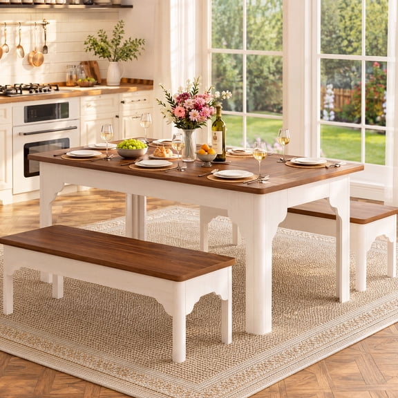 63" Farmhouse Dining Table Set for 4-6, Kitchen Table with 2 Benches for Dining Room, Brown & White