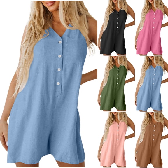 Axiiglly Jumpsuits for Women V Neck Short Rompers Sleeveless Button Short Jumpsuits Comfy Loose Overalls with Pockets Summer Casual Beach Outfits
