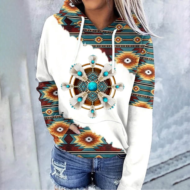 TOTO Sweatshirts Hoodies For Women Fall And Winter Long Sleeve Tribal  Floral Print Drawstring Hooded Sweatshirt - Walmart.com