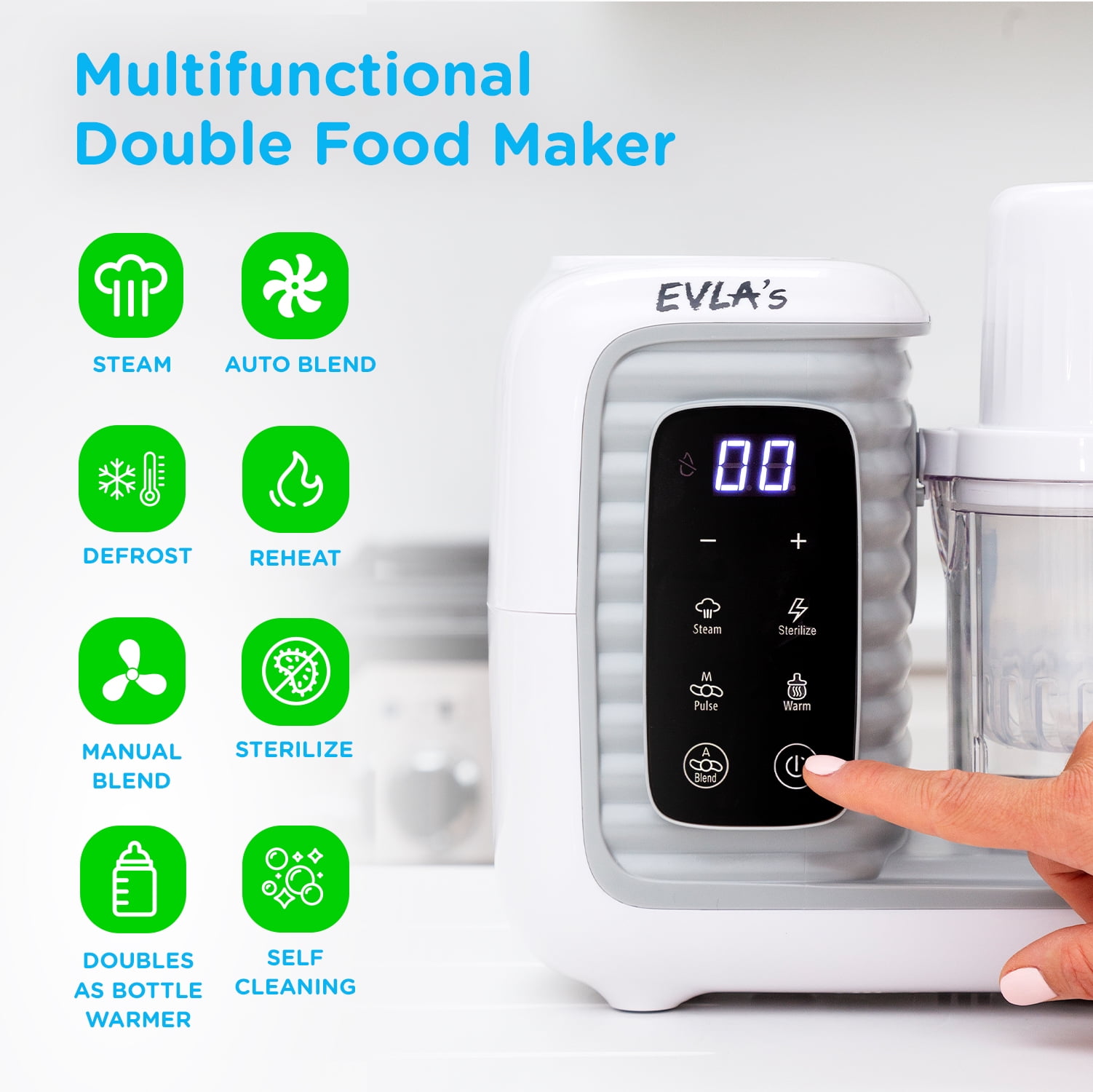 EVLA'S Baby Food Maker with 2 Steaming Cups, Steamer, Blender, Baby Food Processor, Touch Screen, with 6 Reusable Food Pouches, White