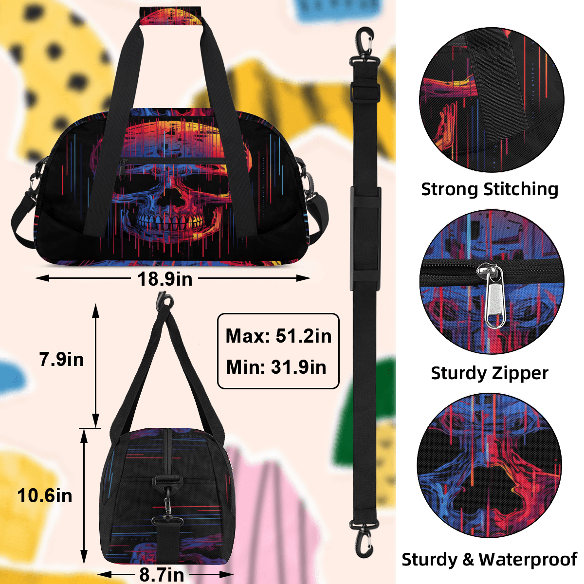 Herdesigns Funny Skull Skeleton Sports Duffle Bag for Women & Men, Gym Bag Dance Bag Overnight Bag Carry On Weekender Travel Bag