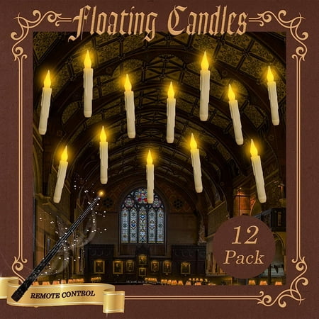 12 Packs Battery Operated Flameless flickering Harry hanging Up Potter Taper Floating Fake Candles with Magic Wand Remote,LED Electric Window Candle Light Decor for Halloween,Christmas, Birthday Party