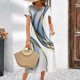 thumbnail image 2 of Vestido elegante de verano para mujer, de manga corta, con estampado de rayas, falda holgada de corte A, cuello redondo informal, 2 of 2