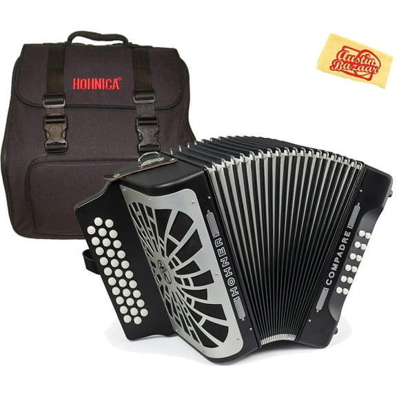 Hohner Compadre GCF 3-Row Diatonic Accordion Bundle with Gig Bag and Austin Bazaar Polishing Cloth - Black