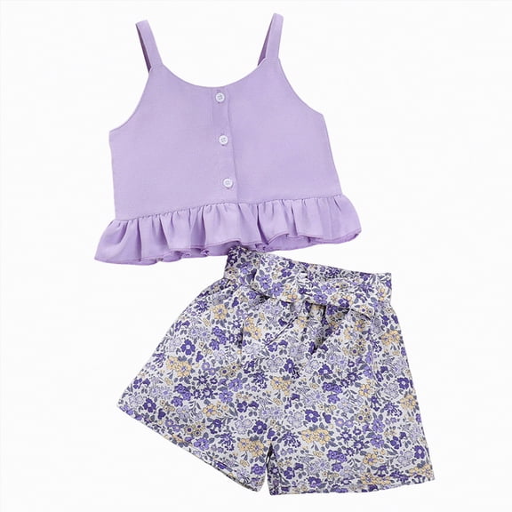 mgoYE Girl Outfits Size 6 Toddler Girl Clothes Summer Sleeveless Ruffle Tops Shorts Set 1T 2T 3T 4T Kids Floral Outfi(Purple,4-5 Years)