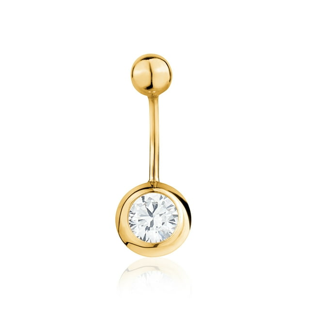 Belly Button Rings 14k Yellow Gold Navel Rings Simulated Diamond Bezel Set Bevel Stud Body Piercing