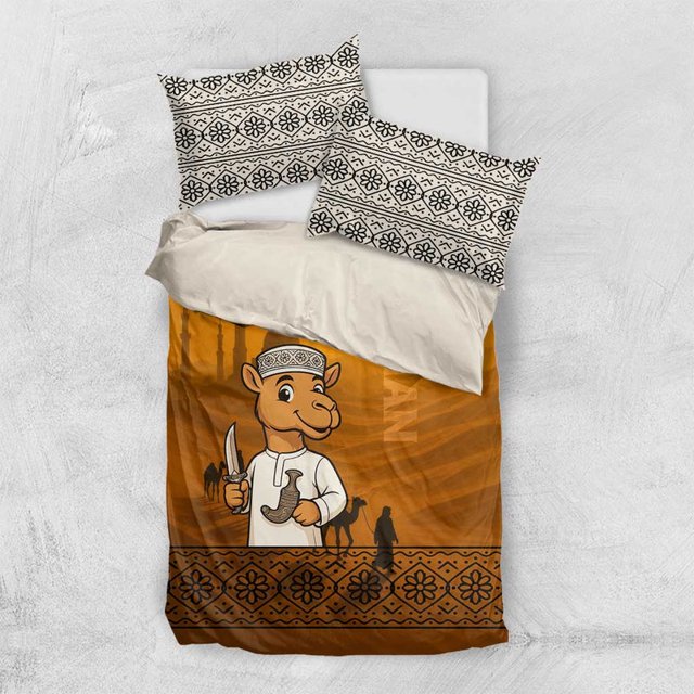 Oman Bedding Set with Traditional Camel Character and Desert Silhouette Design