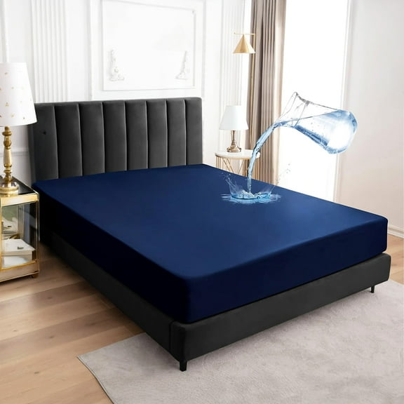 Queen Size Waterproof Mattress Protector, Stain-Resistant Mattress Cover with 14-inch Deep Pocket, Navy Blue