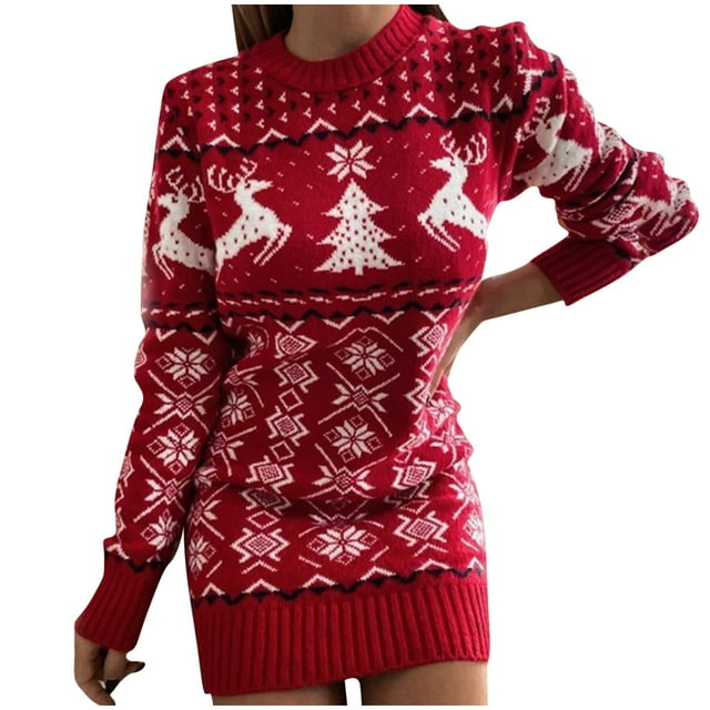 CEHVOM Robe Chandail de Noël pour Femme à Col Rond avec Orignal, Décontractée, en Tricot, Ample, à Manches Longues