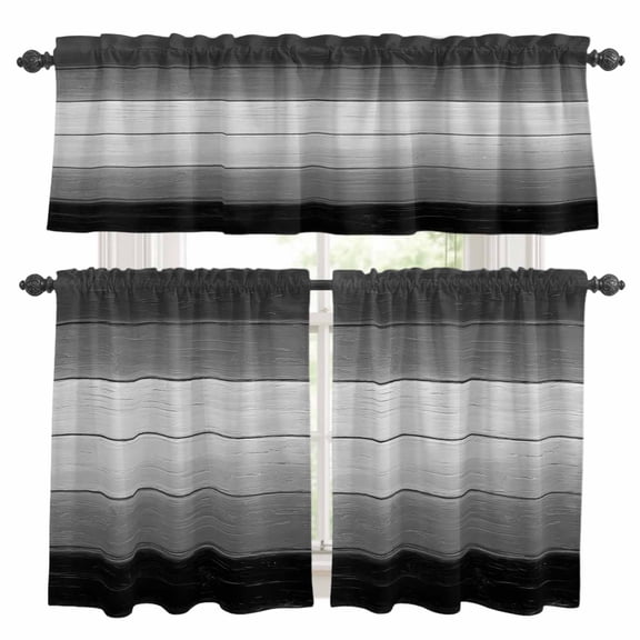 Black Gray Kitchen Curtains, Kitchen Curtains and Valances Set of 3, Farmhouse Vintage Gradient Wooden Plank Light Filtering Tailored Tier Curtain 24 Inch Length Drapes for Cafe Sink Bedroom