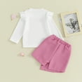 thumbnail image 4 of Gupgi Kids Girl Solid Color Crew Neck Long Sleeve Ribbed Tops Pearl Button Pantskirts, 2Pcs Clothes Set, 4 of 9