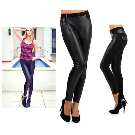 Womens Leggings Faux Leather Shiny Liquid Wet Look Sexy Stretch Party Dance (Best Leather Look Leggings)