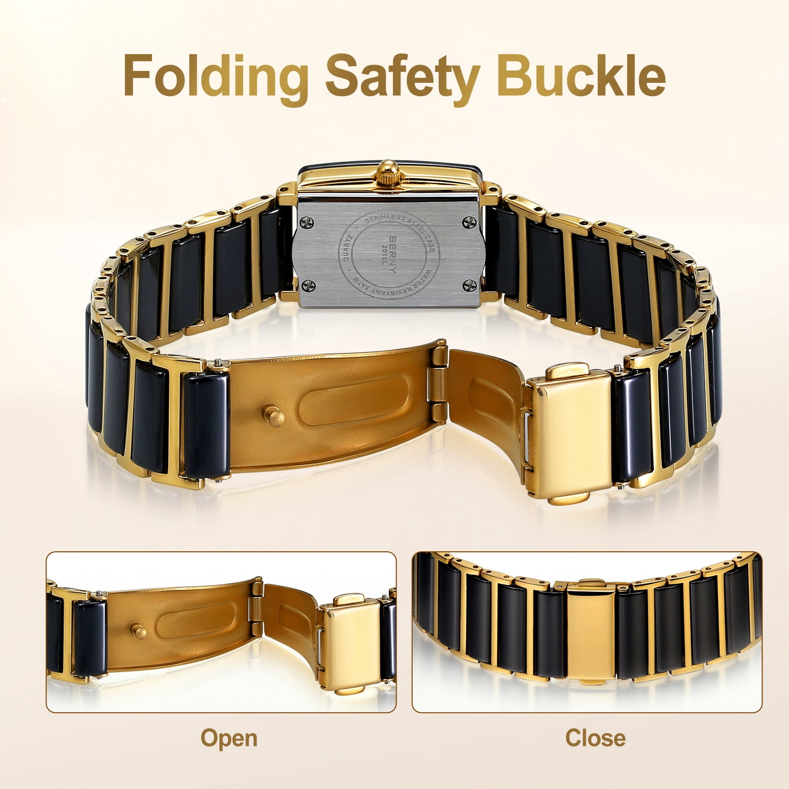 BERNY Watches for Women, Dainty Luxury Diamond Rectangular Case, Two Tone Stainless Steel Ceramic Bracelet Watch, Analog Quartz Waterproof, Fashion Ladies Small Dress Watch Gifts
