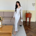 thumbnail image 5 of Vestido largo de una pieza blanco satinado de otoño con temperamento, nuevo y elegante, para mujer, con escote en V, cintura delgada, manga larga, ajustado, ropa de fiesta, bata, 5 of 5