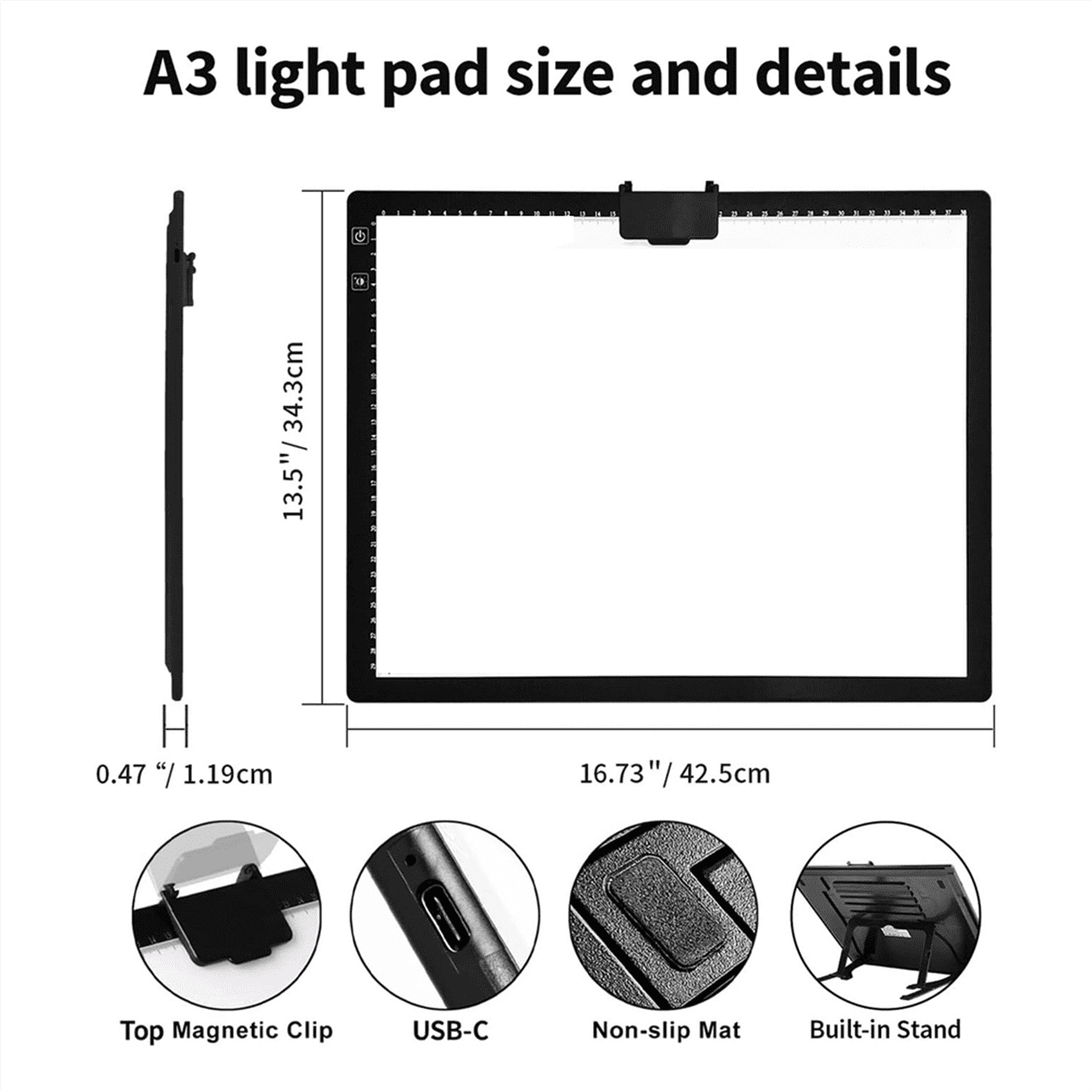 Rechargeable A3 Light Pad for ,Tracing Light Box with Stand and Clip,3 Colors Stepless Dimmable
