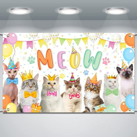 Image of Cat Happy Birthday Backdrop - Meow Kitten Photography Background | Cute Cat Party Supplies | Perfect Gift for Cat Lovers