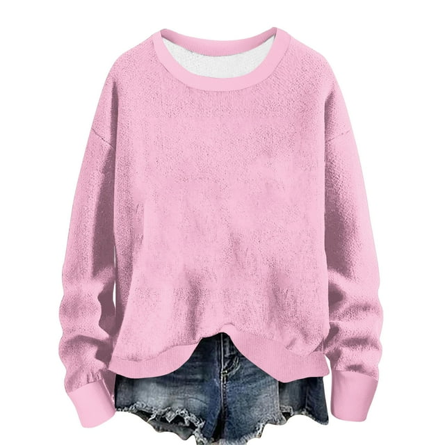 lcziwo Chandails à Col Rond pour Femmes Automne Hiver 2024 Décontracté Uni à Manches Longues Hauts Chandail Ample Sans Capuche Haut Offres du Jour Liquidation Rose,TTTG