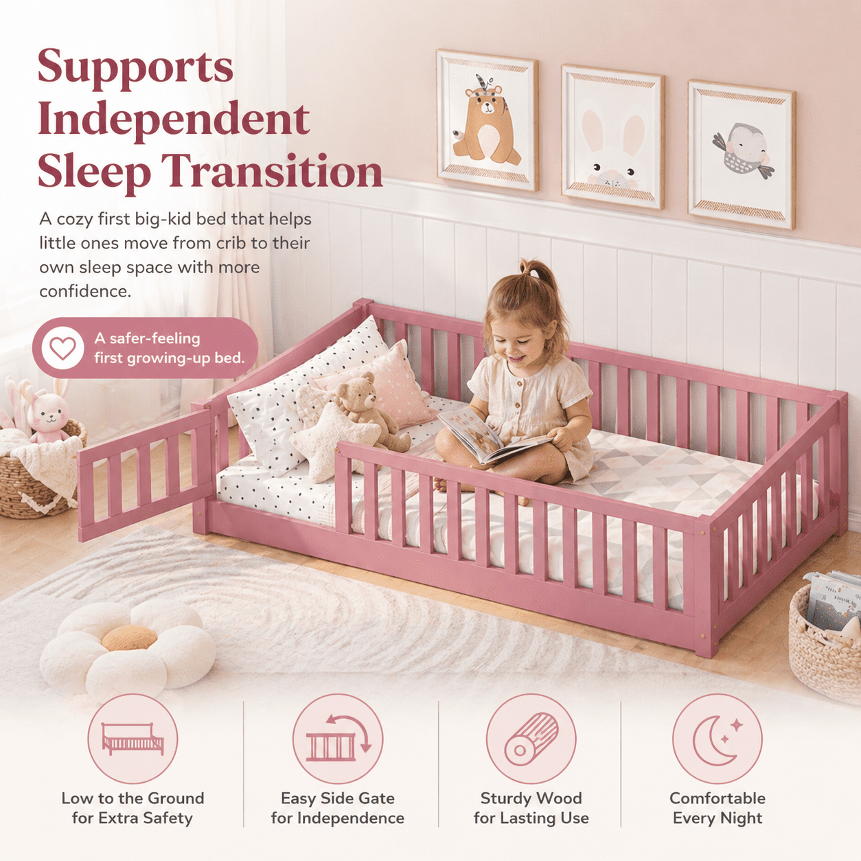 UHOMEPRO Twin Size Floor Bed with Fence and Door, Low Profile Montessori Floor Bed for Crib Transition, Solid Wood Cute Bed Frame with Slats Supports, Easy Assembly, No Box Spring Needed, Pink