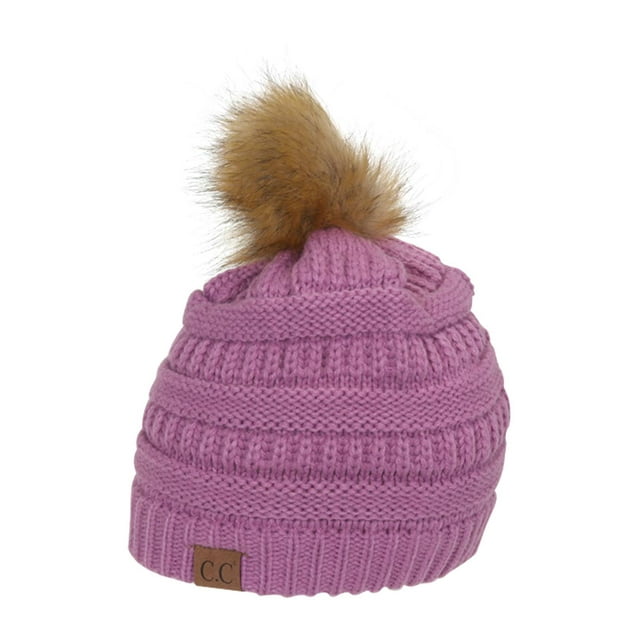 Gravity Threads Cable Knit Faux Fur Pom Pom Beanie Hat, New Lavender