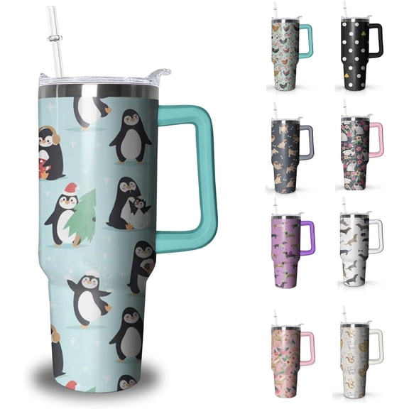 Cute Penguin Tumbler with Handle and Straw, 40 oz Stainless Steel Insulated Cup with Lid and Straw,Travel Coffee Mug Water Bottle, Birthday Christmas Mothers Day Gifts for Animal Lovers Women