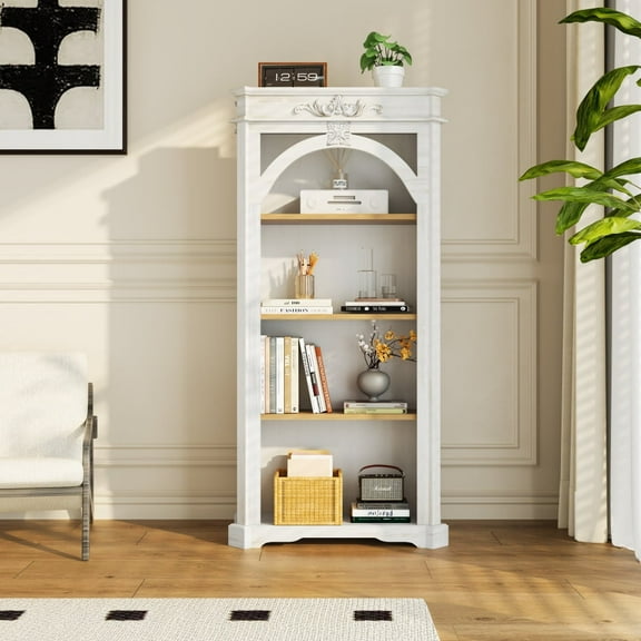 WARMMUSE Antique 4-Tier Bookshelf,  65" White Vintage Tall Floor Standing Bookcase with Natural Wood Shelves for Home Office, Living Room Décor