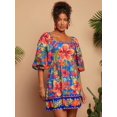 thumbnail image 5 of Navy Blue Floral Print Square Neck Puff Sleeve Mini Dress For Women, 5 of 6
