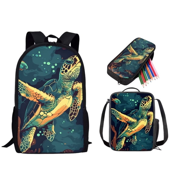 Tutolipy Sea Turtle Backpack Set for Boys Girls, Sturdy School Backpack Set with Lunch Box Casual Daypack Set for School or Travel, Large Bookbag Set with Insulated Lunch Bag Pencil Bag, Green