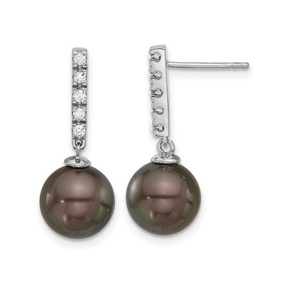 14K White Gold Black Saltwater Tahitian Dangle Pearl Earrings (9-10mm) with Diamonds