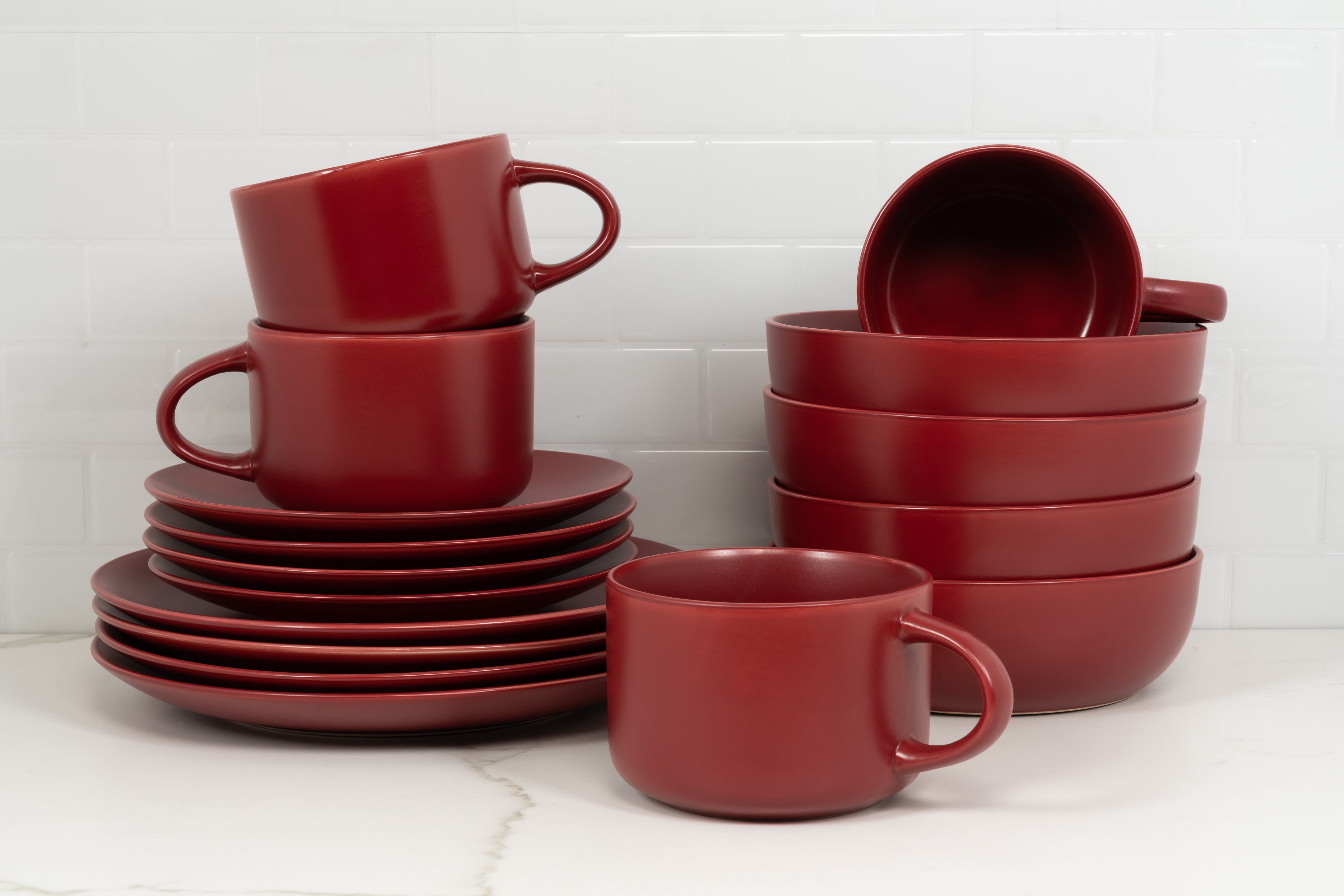 10 Strawberry Street Wazee Matte 16 Pieces Coupe Dinnerware Set, Red