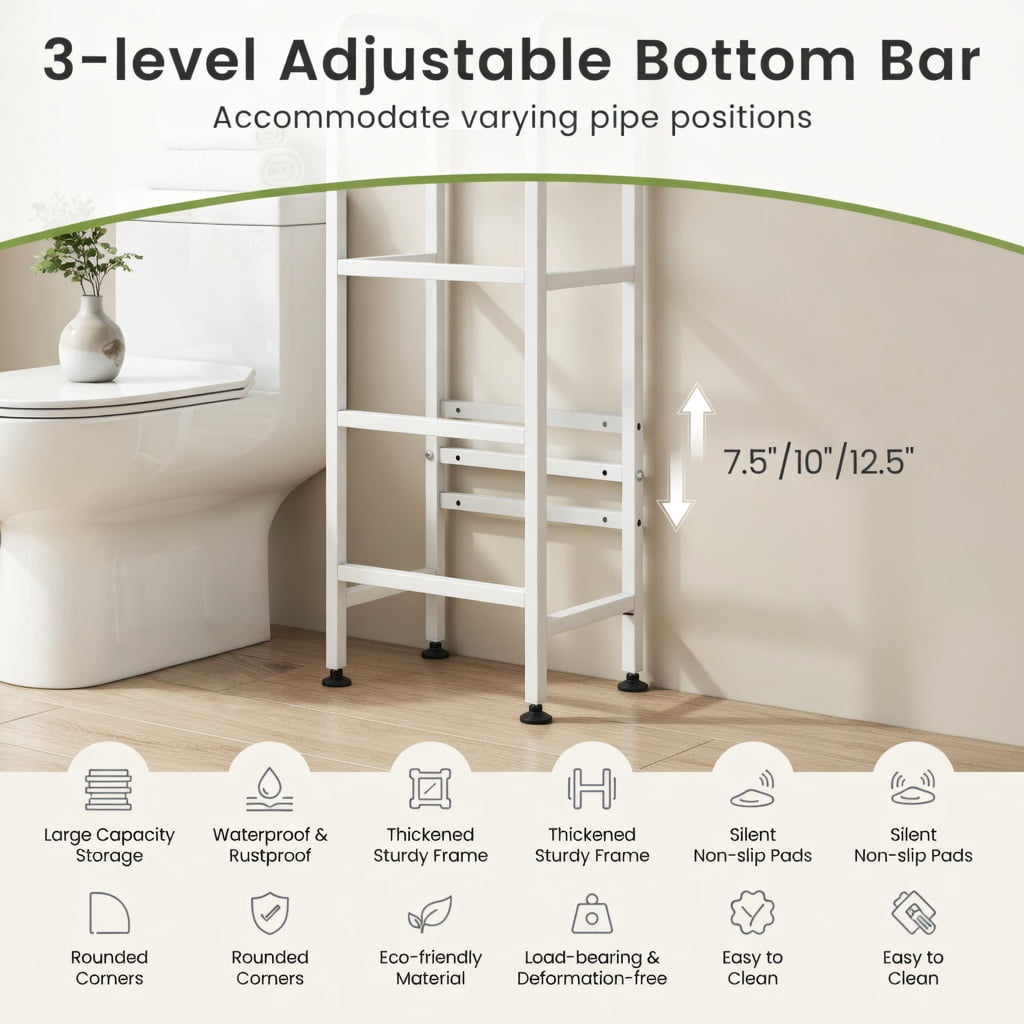 Hommoo Over-the-Toilet Storage Cabinet with Flip-Up Doors, Adjustable Height & Wall-Safe Design, Bathroom Organizer for Shampoo, Toiletries & Towels, White